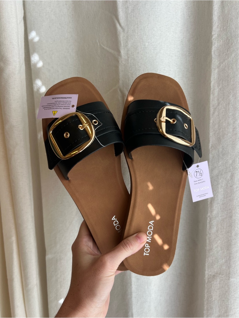 TOP Moda Black Slide Sandals with Gold Buckles